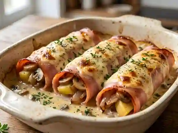 Roulés de jambon crémeux, pommes et champignons - Photo de présentation