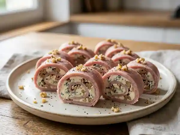 Roulés fondants jambon-roquefort aux noix - Photo de présentation