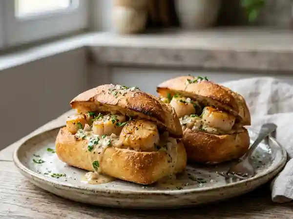 Saint-Jacques crémeuses en croûte de pain - Photo de présentation
