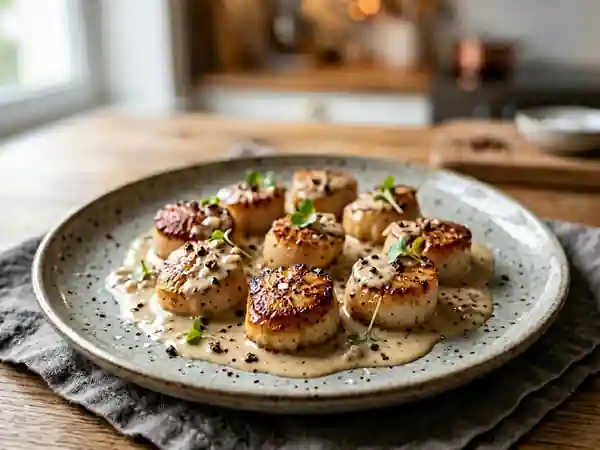 Saint-Jacques poêlées au poivre de Széchuan et sauce au saké - Photo de présentation