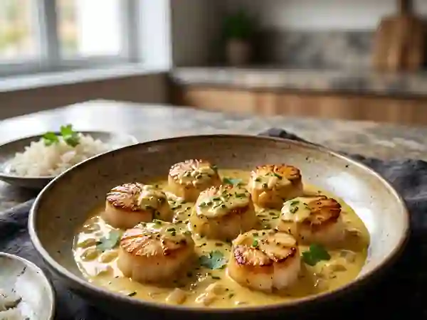 Saint-Jacques poêlées, crème veloutée au curry - Photo de présentation