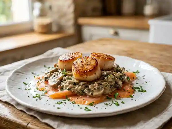 Saint-Jacques poêlées sur lit de saumon fumé aux champignons crémeux - Photo de présentation