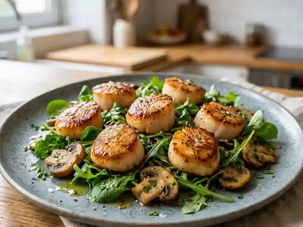 Saint-Jacques snackées et champignons dorés - Photo de présentation