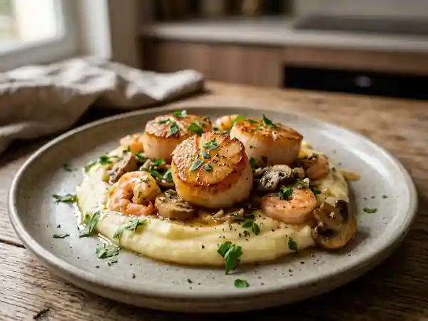Saint-Jacques et crevettes sur purée veloutée - Photo de présentation