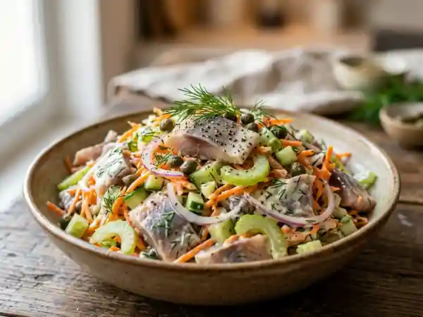 Salade croquante de harengs aux légumes frais et mayonnaise maison - Photo de présentation