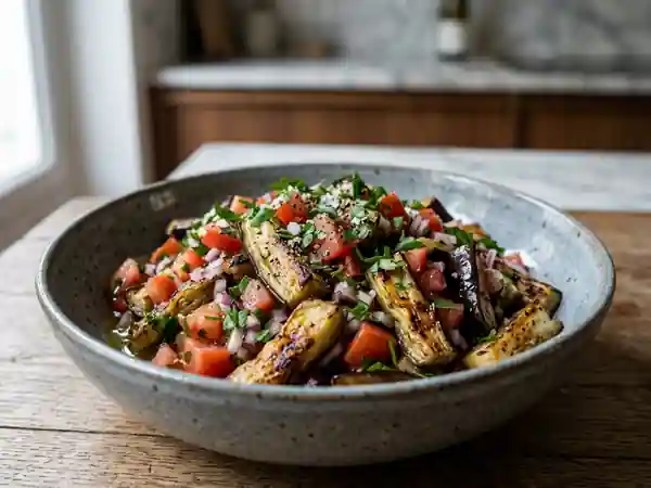 Salade d'aubergines grillées aux herbes fraîches et vinaigrette citronnée - Photo de présentation