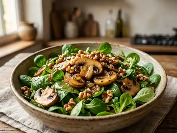 Salade d'automne gourmande aux champignons sautés et noix croquantes - Photo de présentation