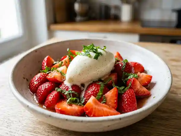 Fraises acidulées au miel et vanille givrée - Photo de présentation