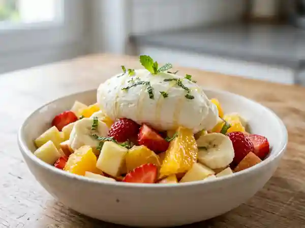 Salade de fruits frais accompagnée d'une mousse légère au fromage blanc - Photo de présentation