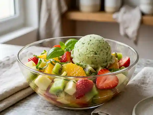 Salade de fruits frais et sorbet au basilic : dessert fruité et rafraîchissant - Photo de présentation