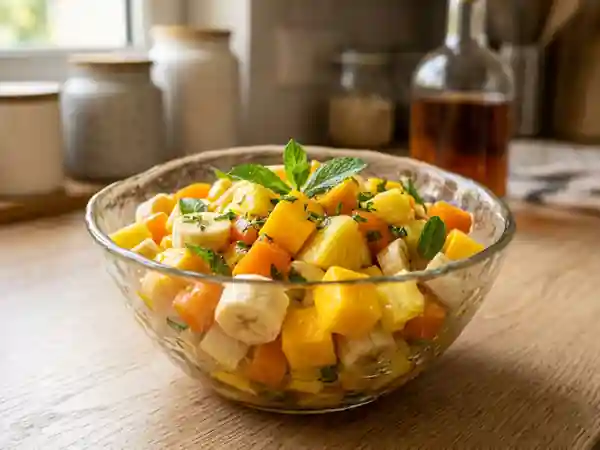 Fruits jaunes infusés au rhum et menthe fraîche - Photo de présentation