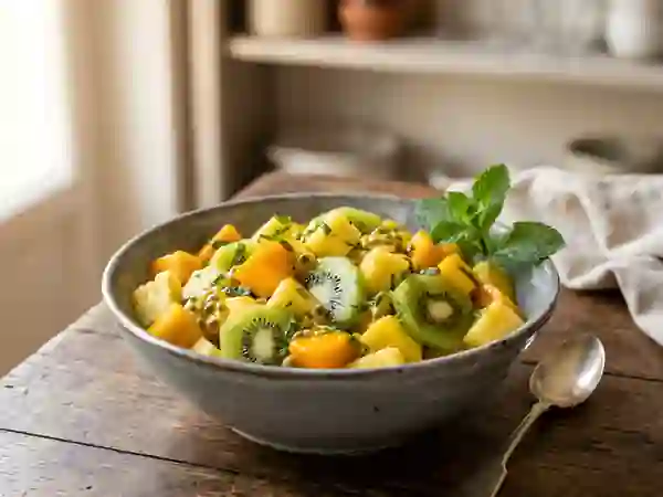 Salade de fruits mangue-passion infusée au rhum - Photo de présentation