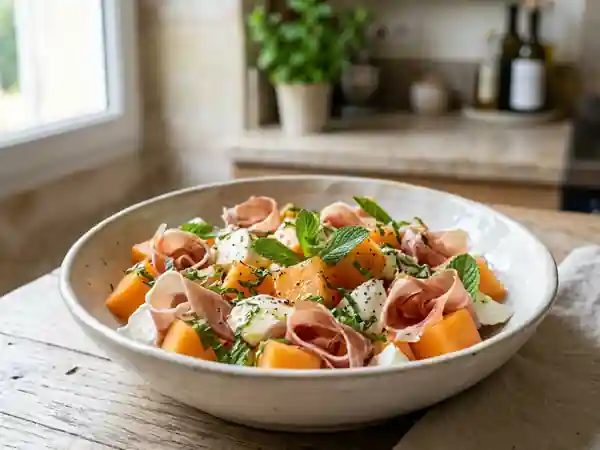 Salade de melon, parme et mozzarella fraîche - Photo de présentation
