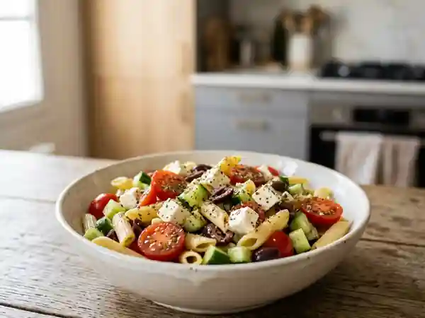 Salade de pâtes à la grecque fraîche et savoureuse - Photo de présentation