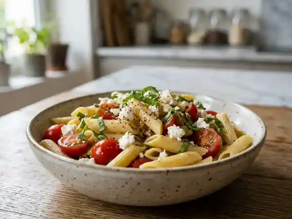 Penne fraîches au chèvre fondant et basilic - Photo de présentation