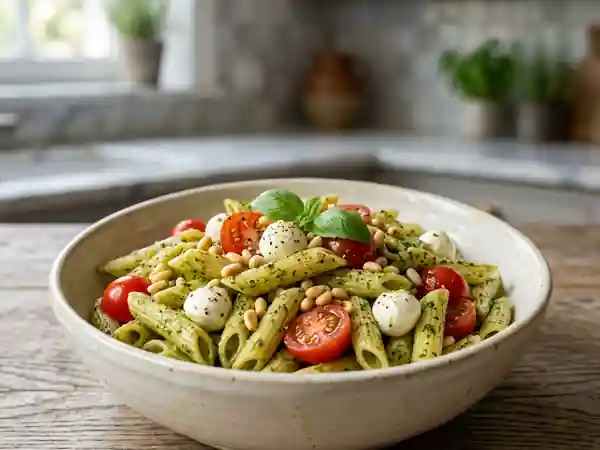 Penne au pesto, mozzarella et pignons grillés - Photo de présentation