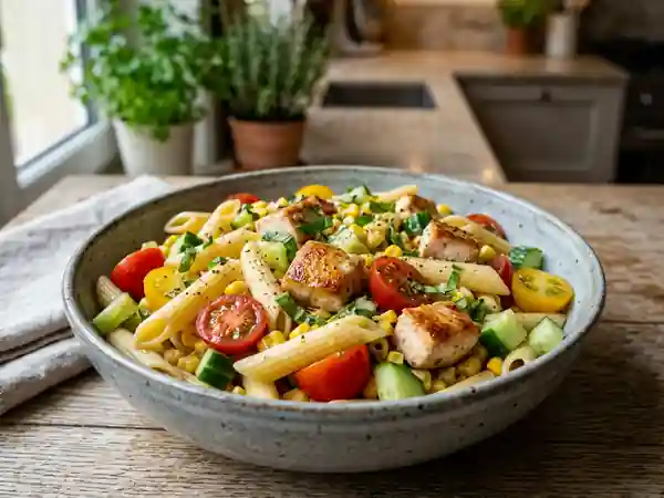 Penne au poulet grillé et légumes croquants - Photo de présentation