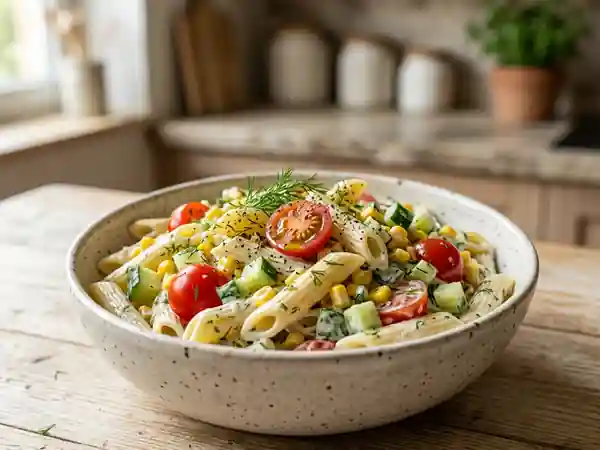 Salade de pâtes au yaourt frais et légumes croquants - Photo de présentation