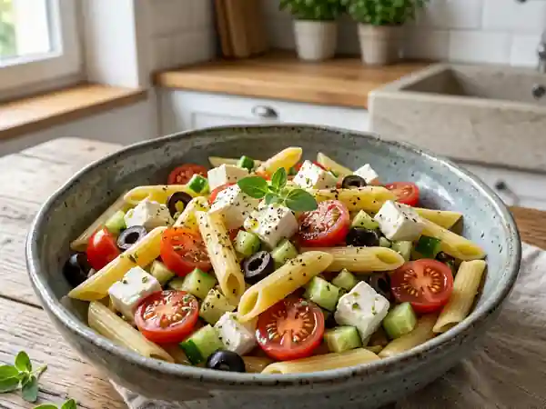 Salade de pâtes feta et légumes croquants - Photo de présentation