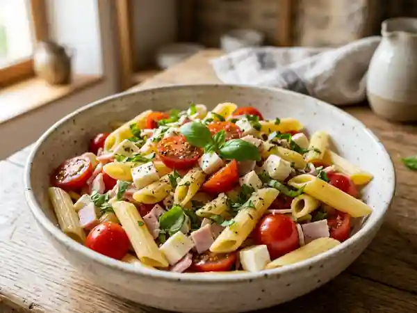 Penne fraîches, mozzarella fondante et basilic - Photo de présentation