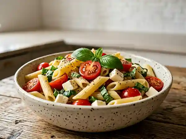 Penne al dente, mozzarella fondante et basilic - Photo de présentation