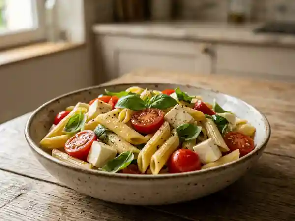 Penne à l'italienne, mozzarella et basilic frais - Photo de présentation