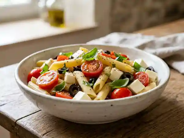 Salade de pâtes méditerranéenne fraîche et gourmande - Photo de présentation