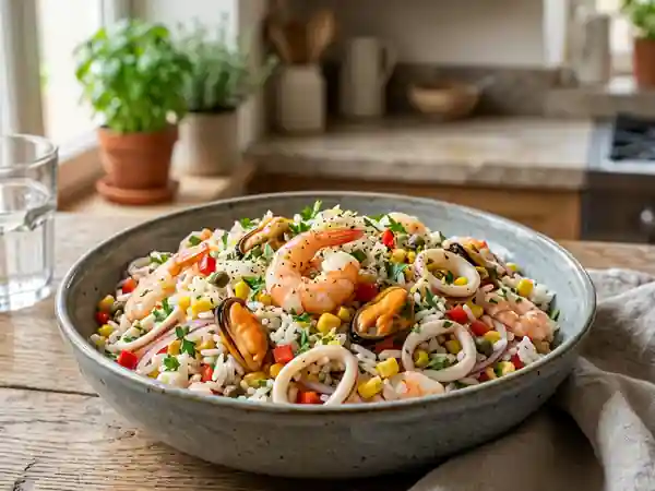 Salade de riz iodée aux crevettes et calamars - Photo de présentation