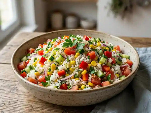 Salade de riz maraîchère fraîche et croquante - Photo de présentation