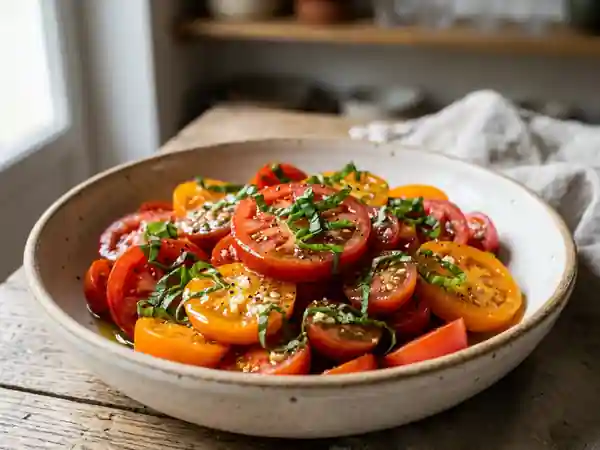 Salade de tomates à la napolitaine fraîche et savoureuse - Photo de présentation