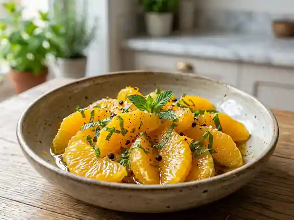 Salade d'oranges juteuse au miel et menthe - Photo de présentation