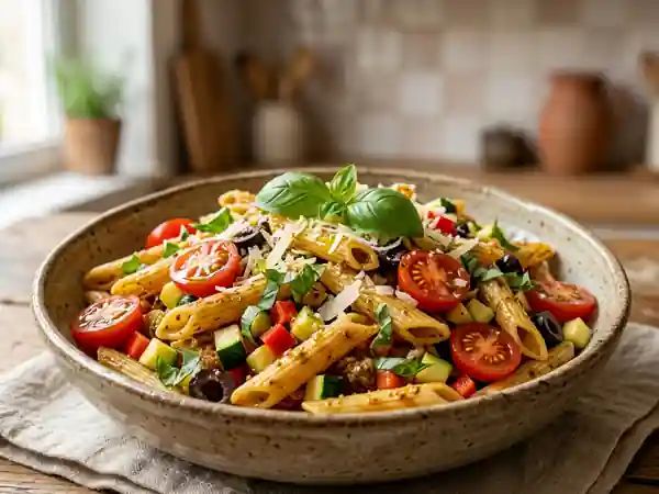 Salade estivale de pâtes au pesto rosso et légumes croquants - Photo de présentation
