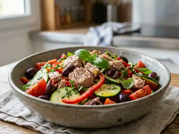 Salade estivale gourmande aux légumes frais, thon et olives - Photo de présentation