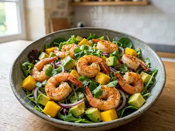 Salade exotique aux crevettes fraîches et mangue sucrée - Photo de présentation