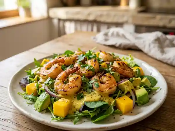Gambas snackées, mangue et sauce curry soyeuse - Photo de présentation