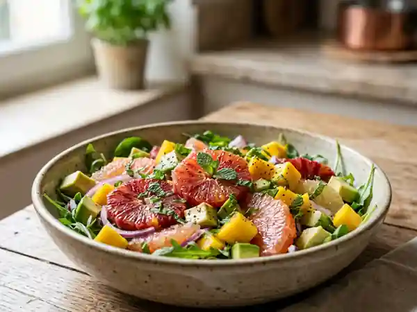 Salade exotique fraîche aux agrumes et mangue - Photo de présentation