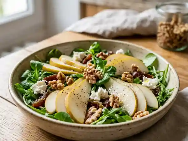 Salade fraîche aux poires, dattes et noix croquantes - Photo de présentation