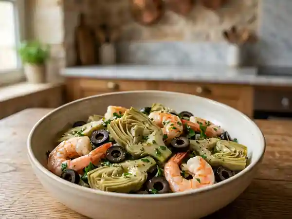 Salade fraîche d'artichauts aux crevettes et olives noires - Photo de présentation