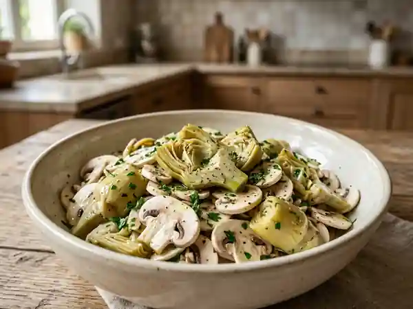 Salade fraîche d'artichauts et champignons à l'huile d'olive - Photo de présentation