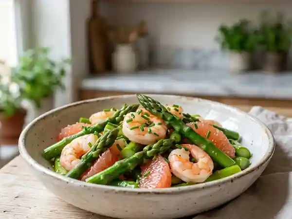 Salade fraîche d'asperges vertes et crustacés aux agrumes - Photo de présentation