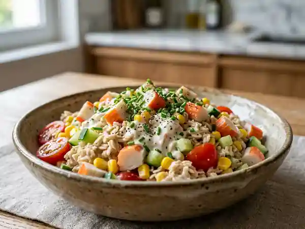 Bol d'avoine frais au surimi et sauce yaourt - Photo de présentation