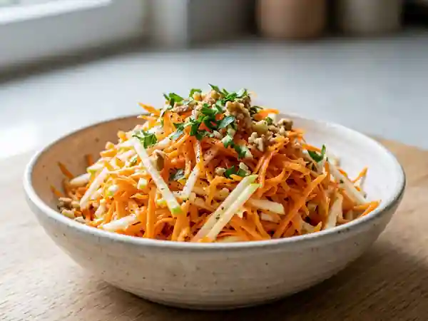 Salade fraîche de carottes et pommes râpées au citron - Photo de présentation