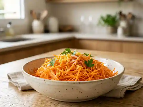 Salade fraîche de carottes râpées au citron et sucre à la polonaise - Photo de présentation