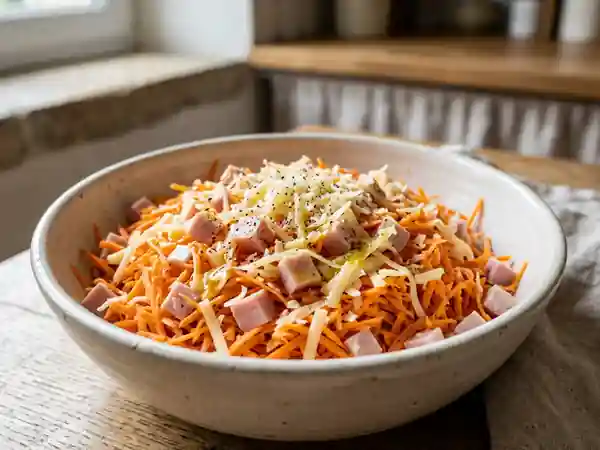 Salade fraîche de carottes râpées au jambon et fromage - Photo de présentation