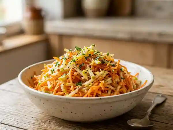Salade fraîche de carottes râpées aux pommes et sauce citron - Photo de présentation