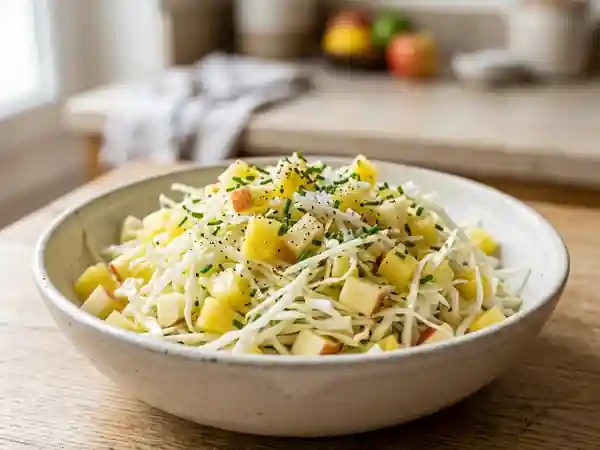 Salade fraîche de chou blanc, ananas et pomme pour une personne - Photo de présentation
