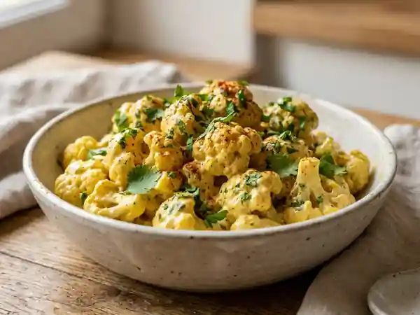 Salade fraîche de chou-fleur à l'indienne aux épices savoureuses - Photo de présentation
