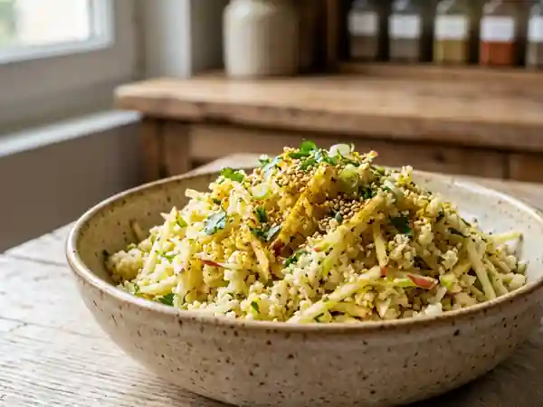 Salade fraîche de chou-fleur râpé à la pomme et au curry - Photo de présentation