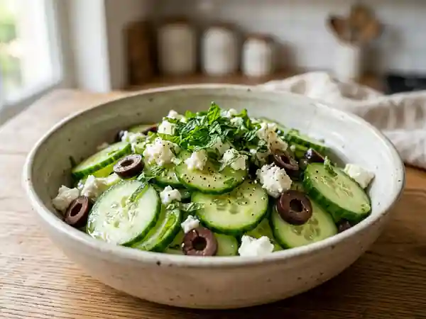 Salade fraîche de concombre au chèvre et olives noires - Photo de présentation