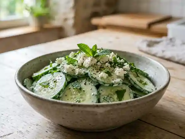 Salade fraîche de concombre au fromage de chèvre crémeux - Photo de présentation